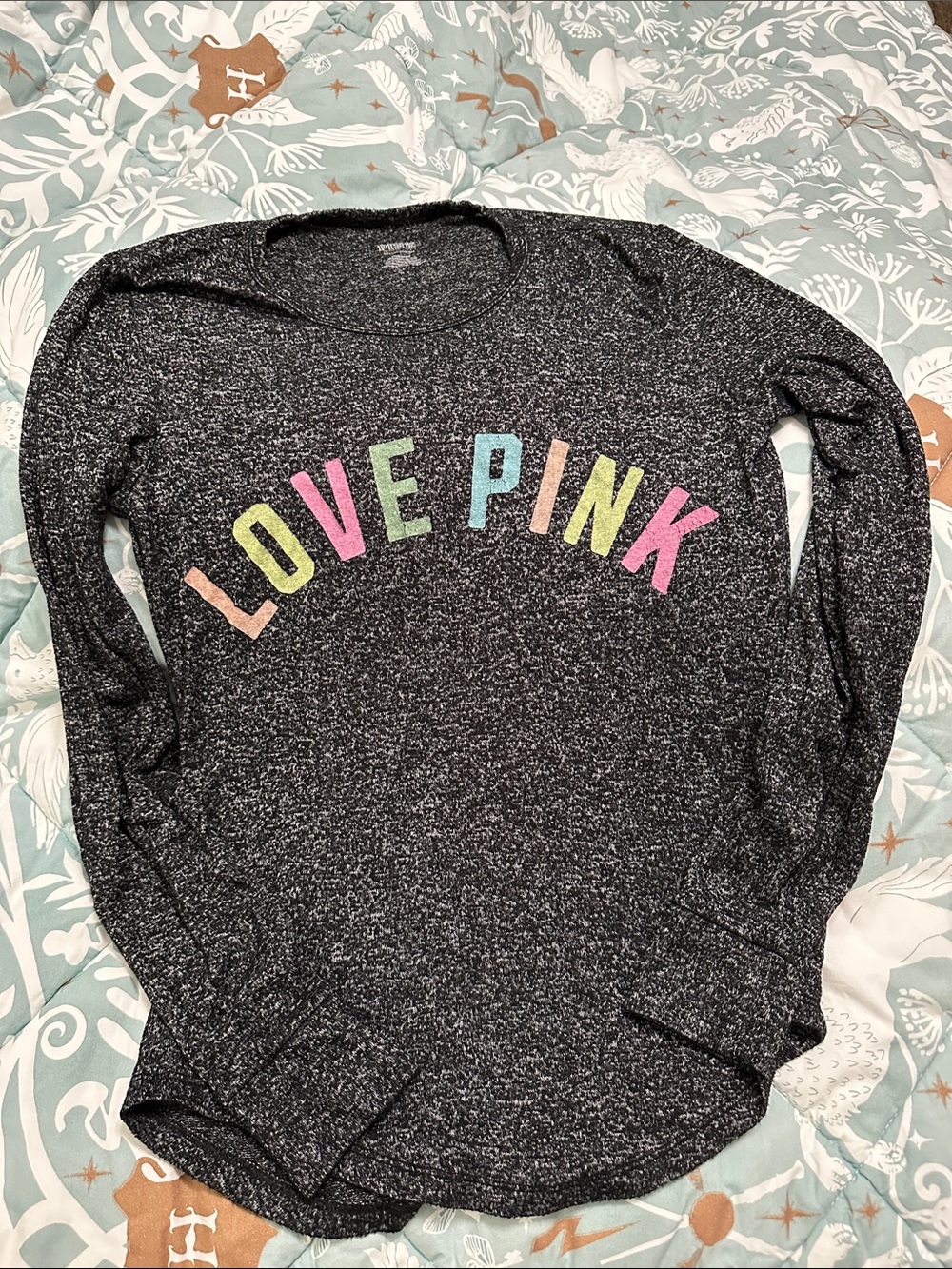 PINK Victoria's Secret Black Marled 'LOVE PINK' Rainbow Letter Long Sleeve